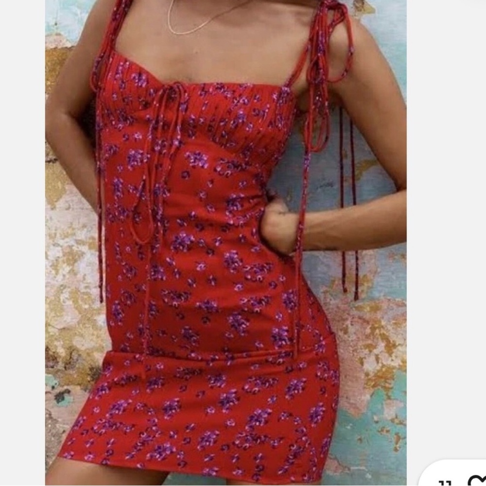 RAT AND BOA Fia Red Floral Tie Strap Gathered Bust Mini Slip Dress